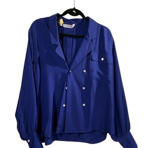 Chaus Blue Button Front Blouse Size 12 Long Sleeve Classic Work Top